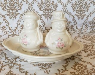 Snowman Snowlady Pfaltzgraff Tea Rose Salt & Pepper Shakers & 8 " Oval Platter