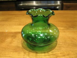 Vintage Anchor Hocking Forest Green Glass Small Vase With Ruffled Edge