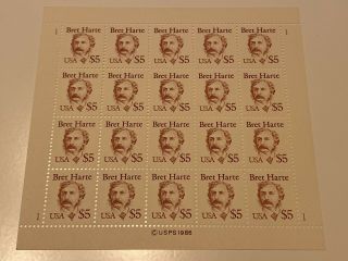 One (1) Sheet Of 20 Great American Bret Harte $5.  00 Us Postage Stamps.  Sc 2196