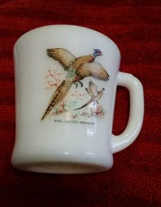 Vintage Ring Neck Pheasants In Flight Fire King Oven Ware Milk Glass Coffee Usa