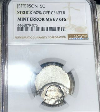 Jefferson Nickel 60 Off Center Ngc - Ms67 6fs Hundreds Of Undergraded Coins Up