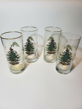 Set Of 4 Spode Gold Rimmed Christmas Tree Highball Glasses Royal China Vintage