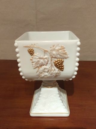 Westmoreland Milk Glass Beaded Edge Gold Painted Grapes Foliage Candy Compote