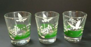 3 Vintage Green White & Clear Golf Eagle Shot Glasses 2.  5 " Barware Cocktail