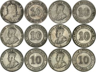 Straits Settlements: 6 Different Silver 10 Cents 1910,  1917,  1918,  1919,  1926,  1927