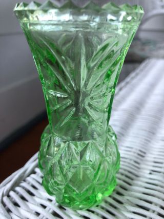 Vintage Green Pressed Clear Glass Scalloped Edges Antique Vase 4” X 2” 1960’s