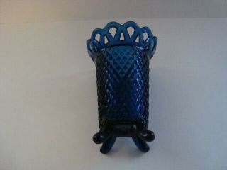 Vintage Cobalt? Blue Glass Diamond Pattern,  Lace Edge,  Footed Vase.  5 "
