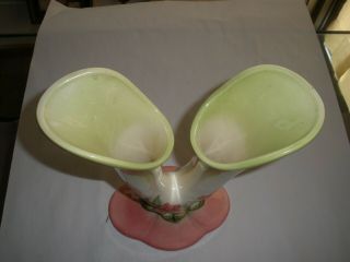 Vintage Hull Pottery Medley Double Cornucopia Bud Vase W15 - 8 - 1/4 Pink and Green 3