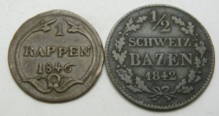 Swiss Cantons 1 Rappen & 1/2 Schweiz Bazen 1842/1846 - 2 Coins.  - 3593