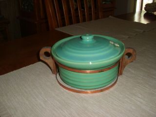 Vintage Bauer Pottery Ringware Jade Green Small Covered Casserole With Rack