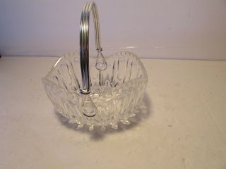 Vintage Cut Glass Crystal Clear Basket With Silver Tone Metal Handle.