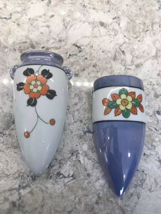 Vintage Wall Pocket Made In Japan Pearl & Orange Luster Flowers Art Deco 2 Vases
