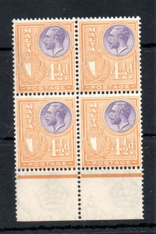 Malta Kgv 1926 - 27 4 1/2d Mnh Block Sg 164 Ws13104