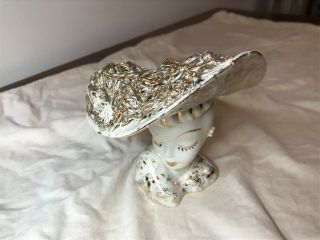 Head Vase Vintage White And Gold Large Brim Hat Lady