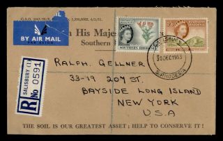 Dr Who 1953 Southern Rhodesia Salisbury Registered Airmail To Usa Ohms E91006