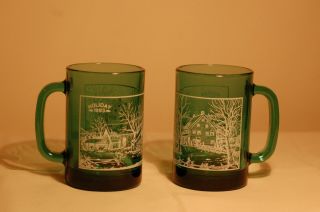 Green Glass Mug Cup W/ Holiday 1993 Christmas Winter Scene Farm House Country