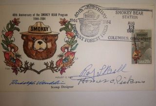 Very Scarce Van Natta Signed X 3 Smokey Bear Hand Painted Hp First Day Cover Fdc