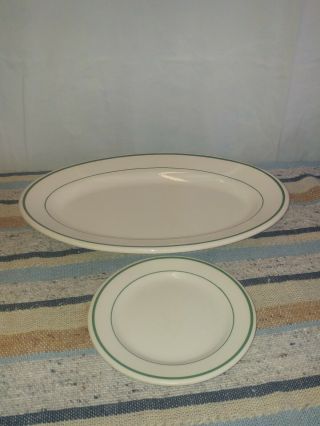 Vintage Buffalo China 5015 13.  5 X 9 Green Stripe Oval Platter Restaurant Ware