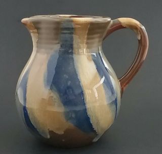 Studio Stoneware Pottery Pitcher Blue Brown Drip Glaze 6 1/2 " Handcrafted