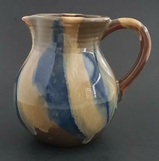 Studio Stoneware Pottery Pitcher Blue Brown Drip Glaze 6 1/2 