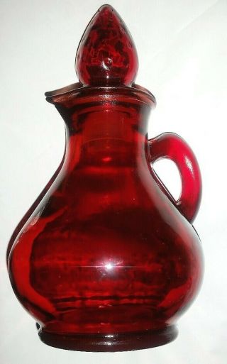 5.  5” Ruby Red Glass Vintage Cruet Small Pitcher W/ Strawberry Stopper