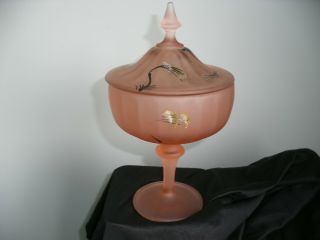 Vintage Pink Satin Glass Candy Dish With Lid Hand Painted Depression Glass
