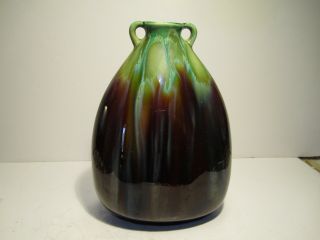 Vtg Green Drippings Over Brown With Small Top Handles Belgium Art Pottery Vase