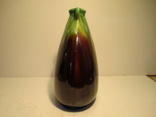 VTG Green Drippings Over Brown With Small Top Handles Belgium Art Pottery Vase 2