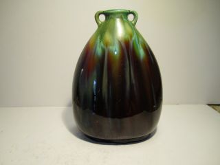 VTG Green Drippings Over Brown With Small Top Handles Belgium Art Pottery Vase 3