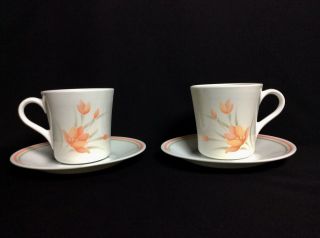 2 Cups And Saucers By Corelle,  Peach Floral Patter