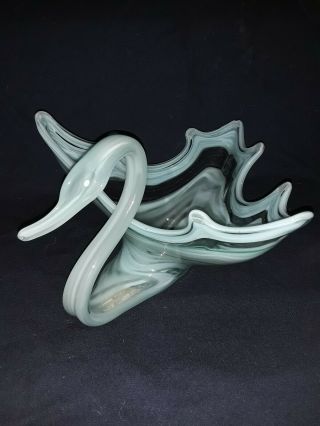 Vintage Art Glass Blue Hand Blown Glass Swan Candy Dish Bowl 12 "