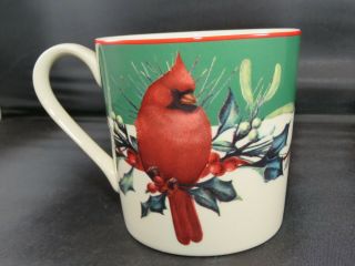 Lenox Mugs Winter Greetings Green With Red Cardinals Christmas Set Of 4pc
