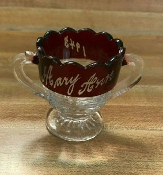 Vintage Ruby Flash Souvenir Glass Two Handle Small Urn Cup W/ " 1943 Mary Ann "