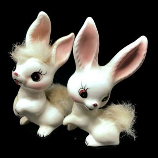 Pair Ceramic Rabbits Fur Tails Hand - Painted Made Japan 50/60 