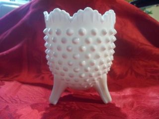 Vintage Fenton Milk Glass Vase Egg Shape Scalloped Edge Hobnail Footed Glass