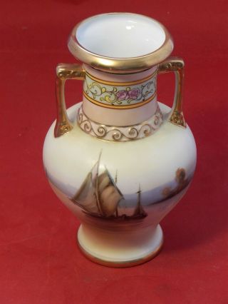 Nippon Vase.  7 1/4 Inches Tall.  Painted Sailing Boat Scenes.