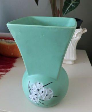 Vtg Mccoy Usa Pottery Green Matte Glaze Vase White Cherry Blossom Flowers Square
