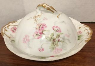 Theodore Haviland Limoges France Pink Floral H3991 3 Pc.  Domed Butter Dish Exc.