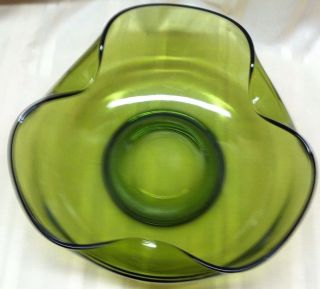 Vintage Retro Green Glass 9 " By 4 " Folded Ruffled Rim Bowl
