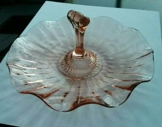 Vintage Pink Depression Glass Ruffled Candy/trinket Dish With Decorative Handle
