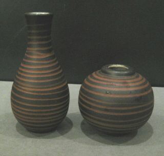 Set Of (2) Small Striped Mcm Vases Gotek Colonia Tovar Venezuela Brown Black