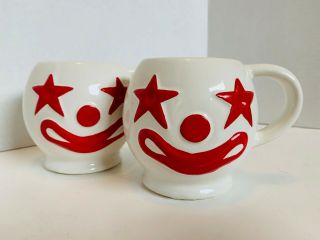 Set Of 2 Vintage Mccoy White And Red Round Smiling Clown Face Mugs