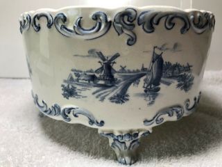 Antique Large Holland Footed Deep Bowl Blue & White Windmills,  Ships,  Etc.