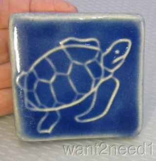 Detroit Art Pewabic Pottery Turtle Tile 3 " Incized Cobalt Blue High Glaze