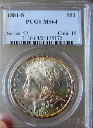 Toned 1881 - S Morgan Silver Dollar Pcgs Ms 64 Uncirculated