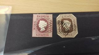 Two Queen Victoria Qv Ceylon Stamps Cut Outs Eight & Nine Pence