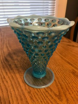 Vintage Fenton Glass Blue With White Edge Hobnail 5 1/2 " Ruffled Trumpet Vase