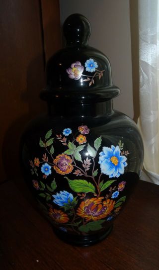 Ardalt Black Glass Ginger Jar With Flowers 10 1/2 "