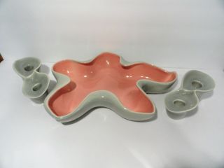 Red Wing Pottery Console Bowl & Twin Taper Candle Holders Gray & Pink