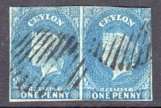 Ceylon 1857 - 59 Qv 1d Turquoise - Blue Wmk Star Imperf Pair Fu,  Sg 1 Cat £90